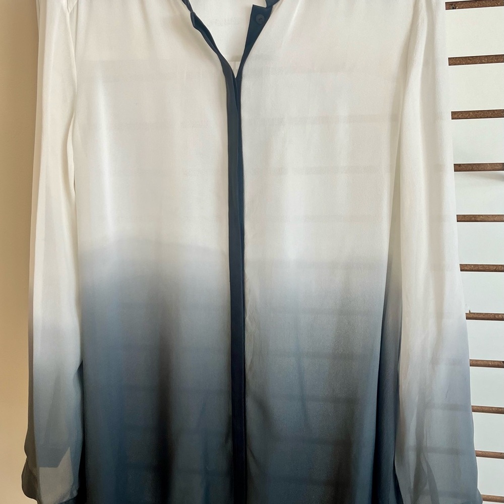 Eileen Fisher 100% Silk Grey and White Sheer Bouse